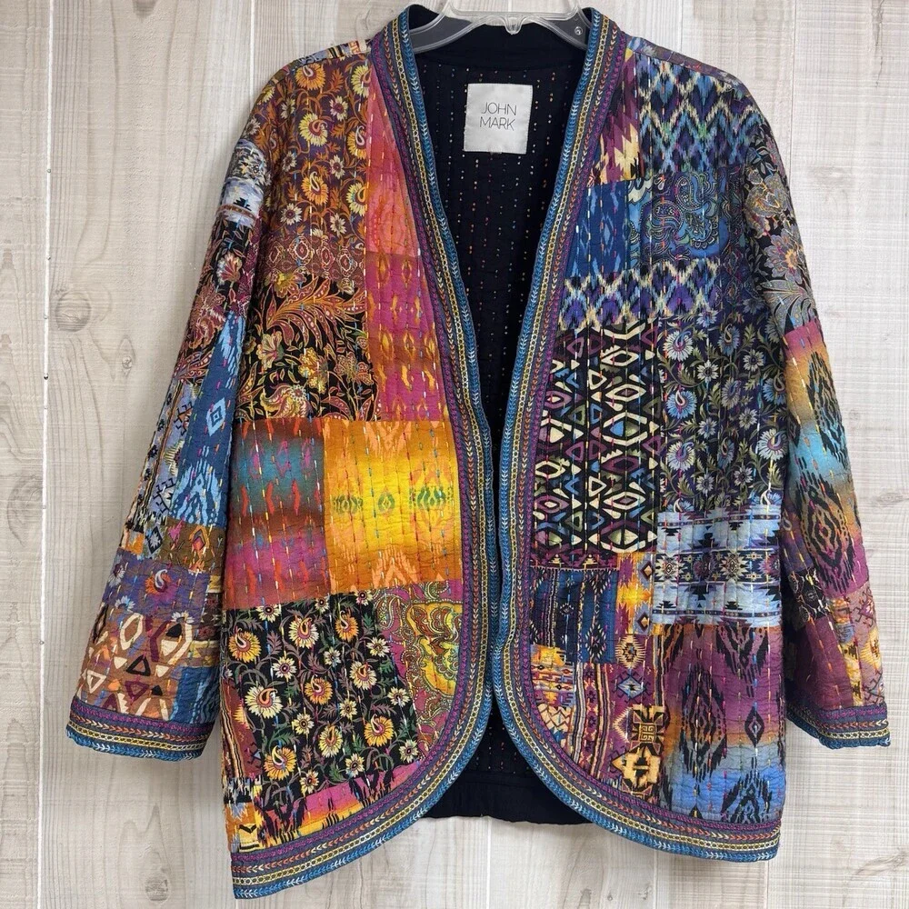 John Mark Women’s Patchwork Quilted Jacket | Boho Artisan Open‎ Front Boutique L
